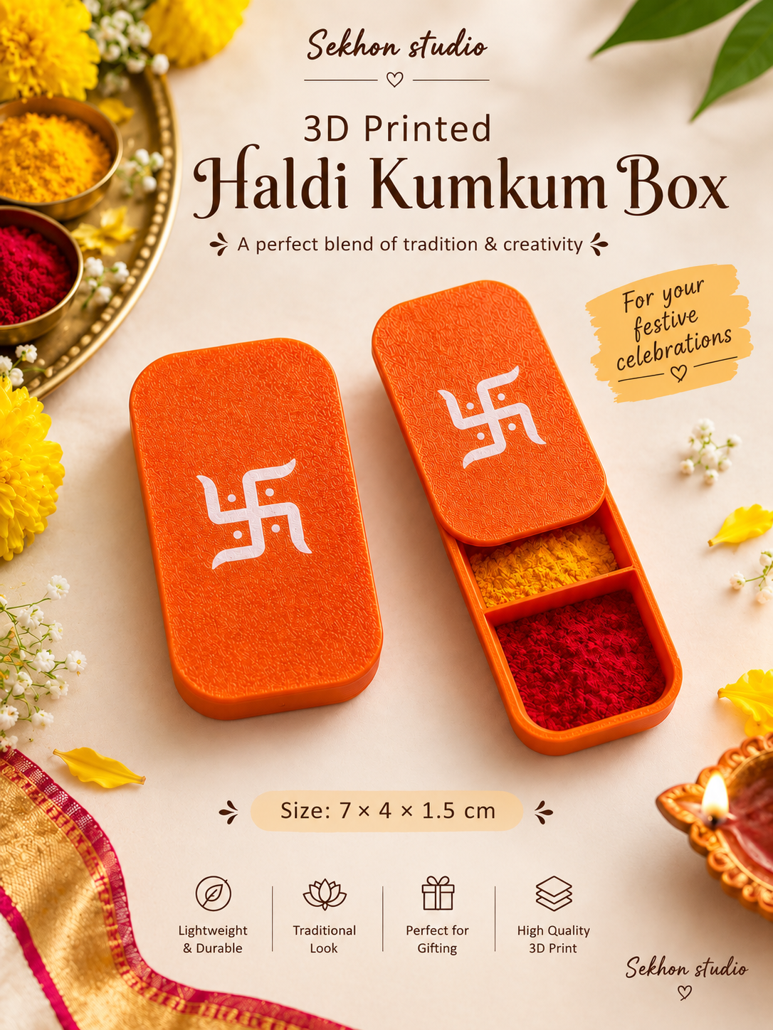 3D Printed Haldi Kumkum Box with Sliding Lid | Sekhon Studio