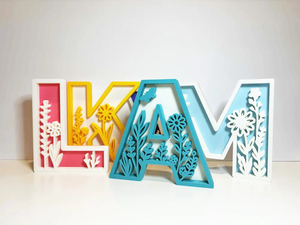 Personalized 3D Printed Floral Name Sign | Custom Layered Letter Decor | Nursery, Kids Room & Home Wall Decoration