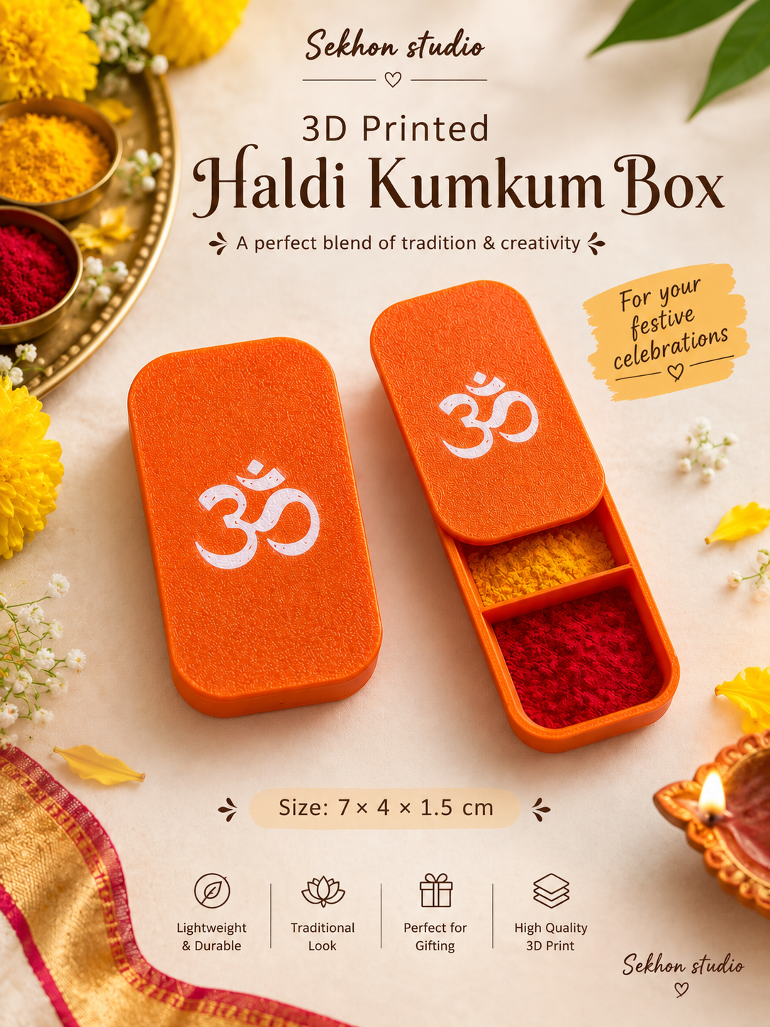 3D Printed Haldi Kumkum Box with Sliding Lid | Sekhon Studio