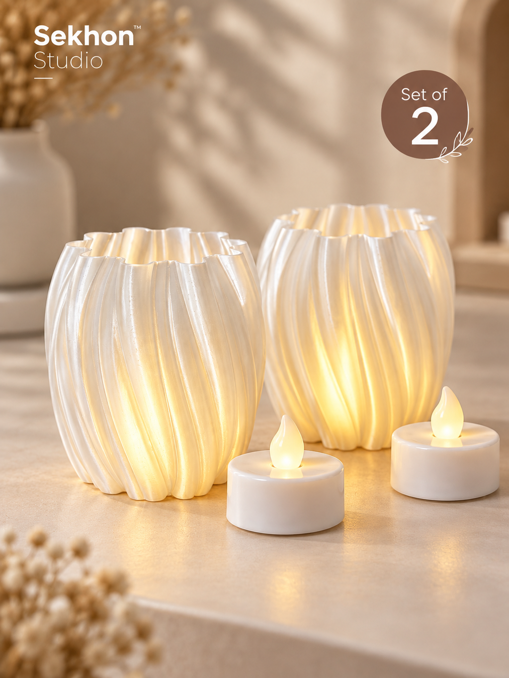 3D Printed Tea Light Candle Holders with LED Candles – Set of 2