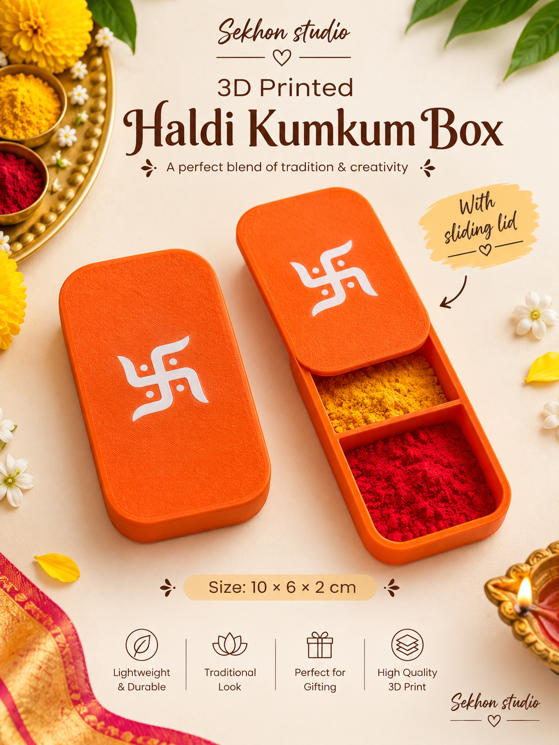 3D Printed Haldi Kumkum Box with Sliding Lid | Sekhon Studio