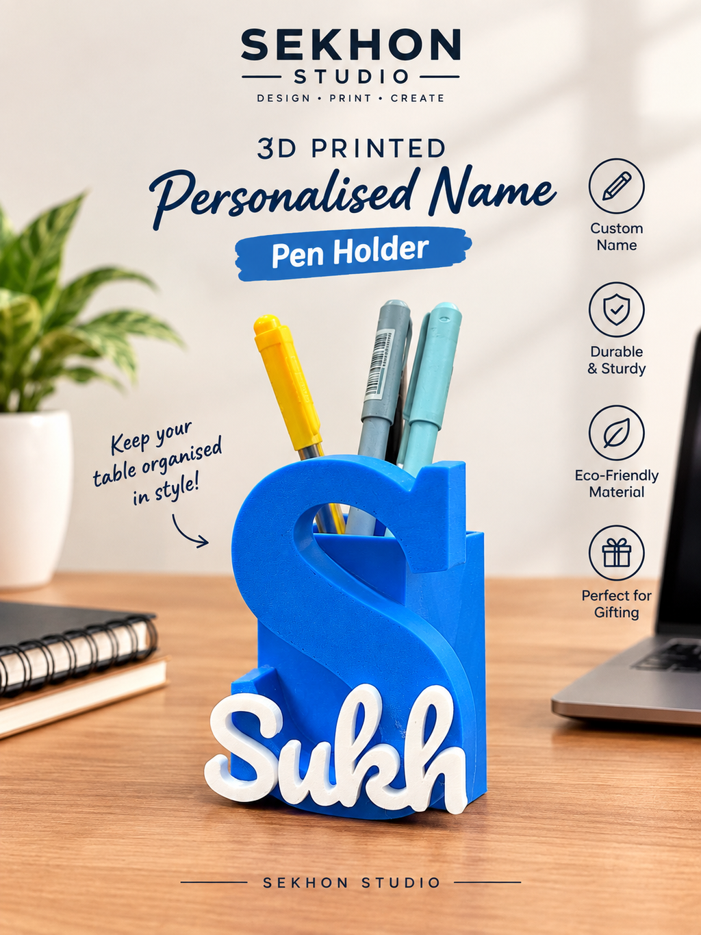 3D Printed Personalised Name Pen Holder | Sekhon Studio