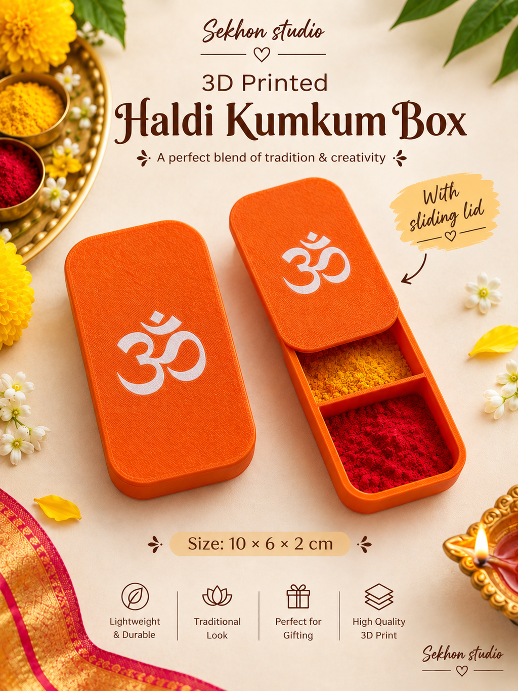 3D Printed Haldi Kumkum Box with Sliding Lid | Sekhon Studio