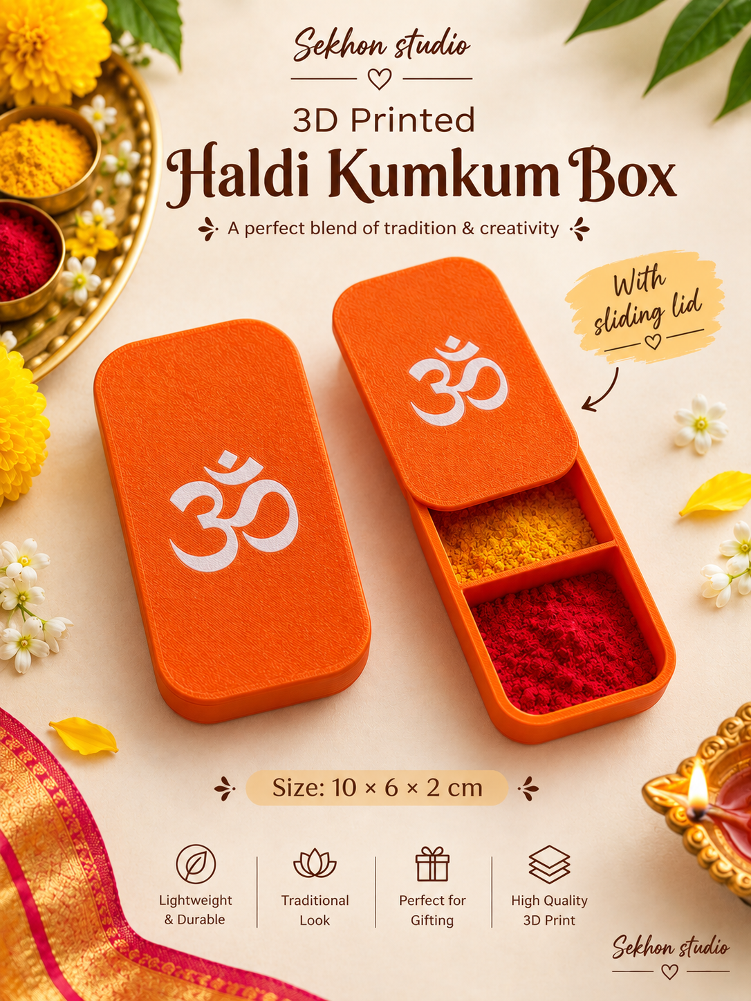 3D Printed Haldi Kumkum Box with Sliding Lid | Sekhon Studio