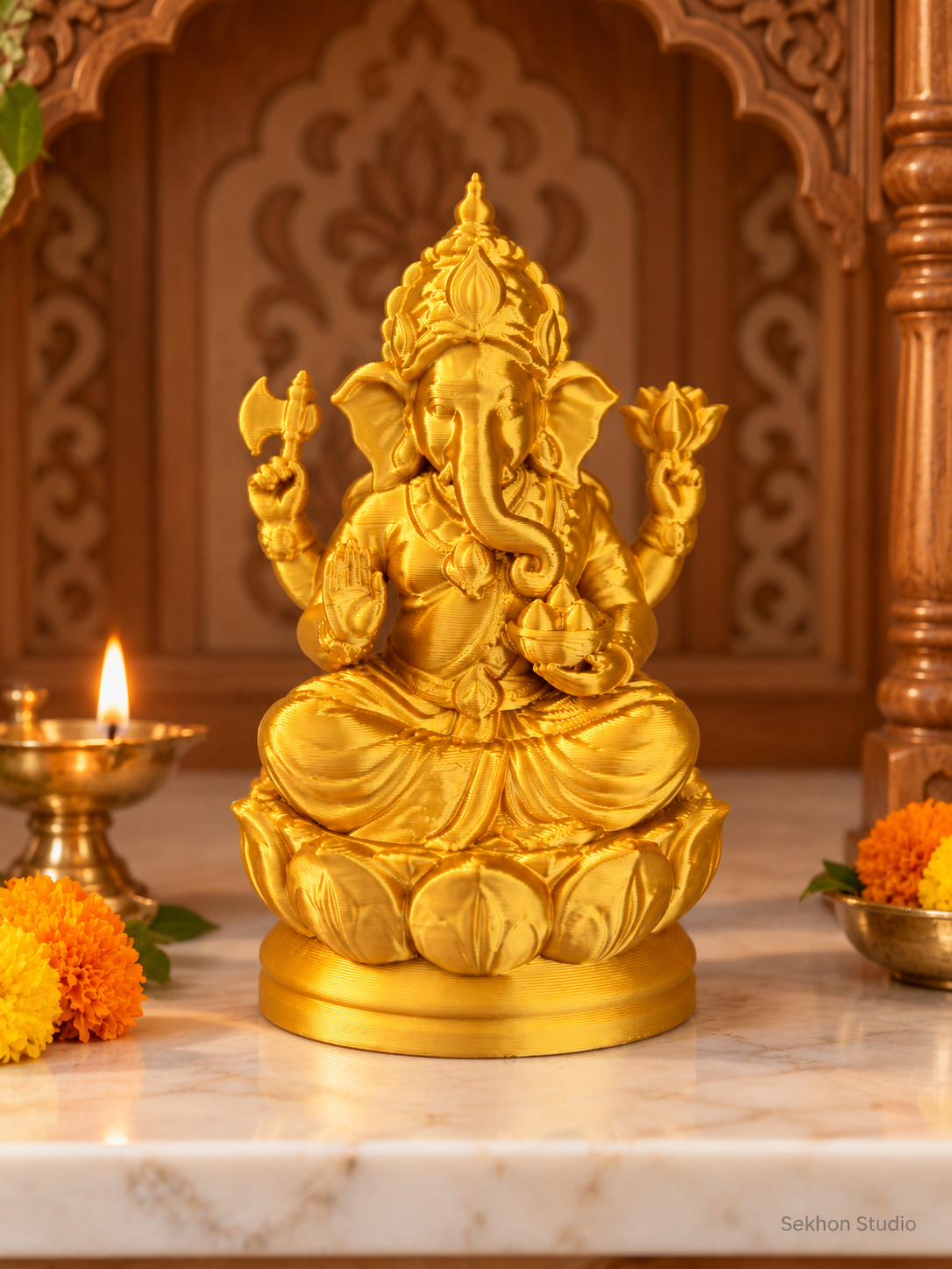 Golden Silk 3D-Printed Ganesha Idol – 75 mm | Sekhon Studio