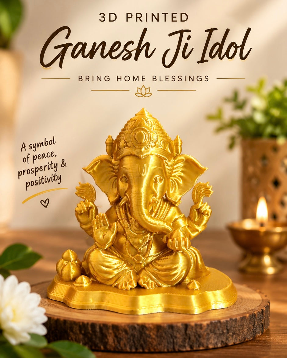 3D Printed Ganesh Ji Idol – Golden Silk Finish