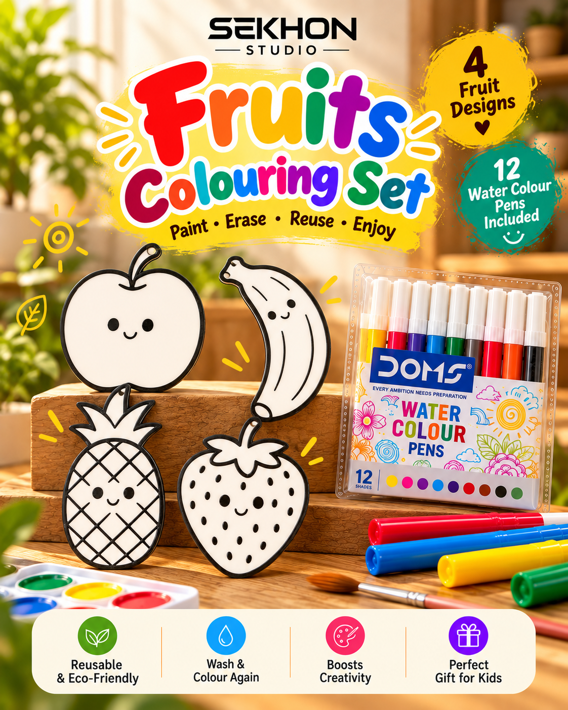 3D Fruit Coloring Set – Apple, Banana, Strawberry & Pineapple